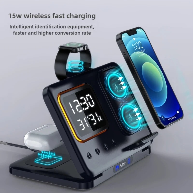 5-in-1 Clock Wireless Charging Station with Adjustable Night Light