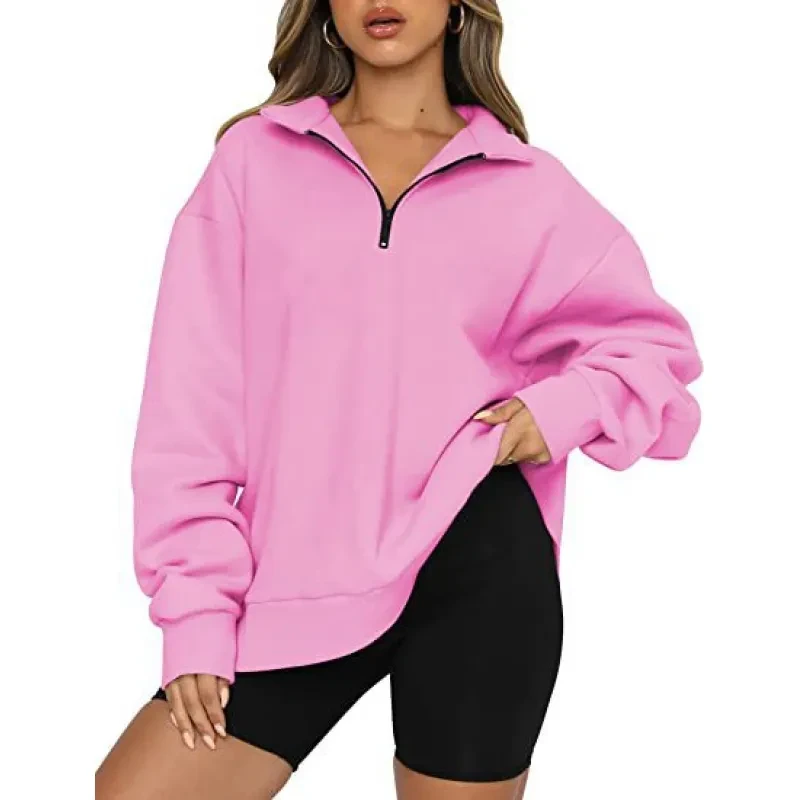 Women Sweatshirts Zip Turndown Collar Loose Casual Tops Clothes