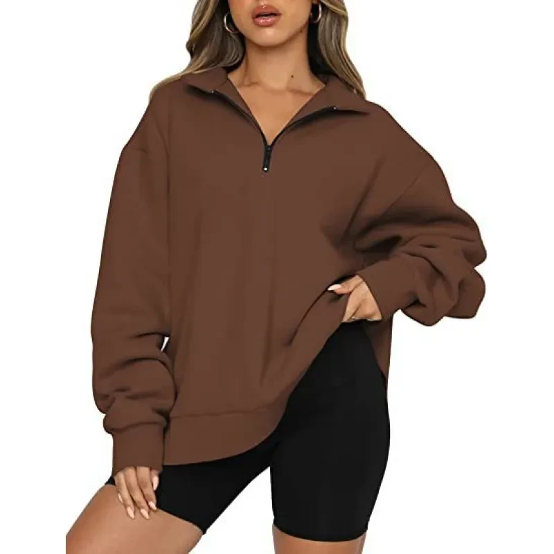 Women Sweatshirts Zip Turndown Collar Loose Casual Tops Clothes