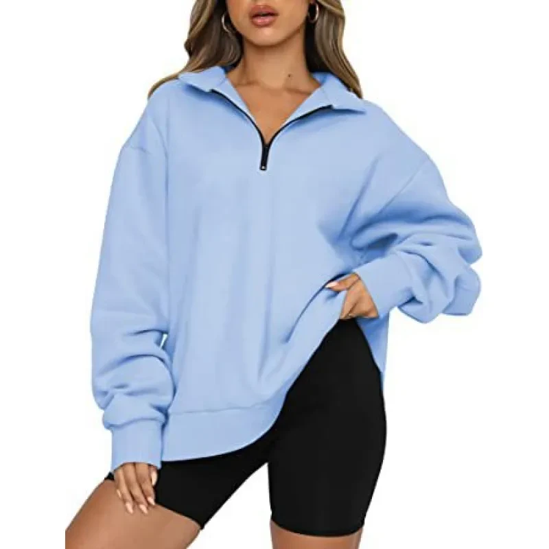 Women Sweatshirts Zip Turndown Collar Loose Casual Tops Clothes