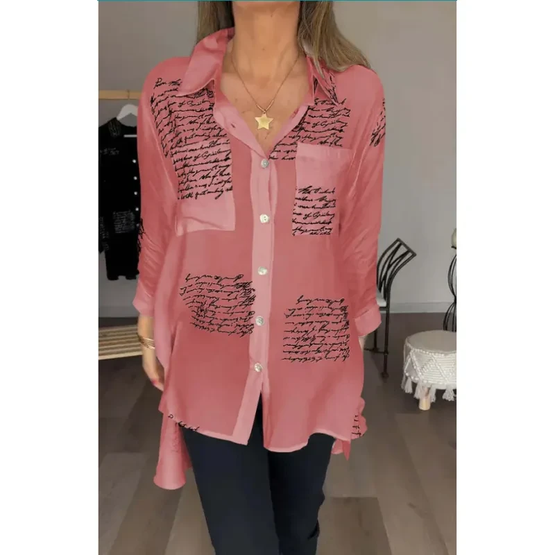 Letter Print Long Sleeve Shirt Fashion Commuter Style Lapel Shirt Women's Clothing