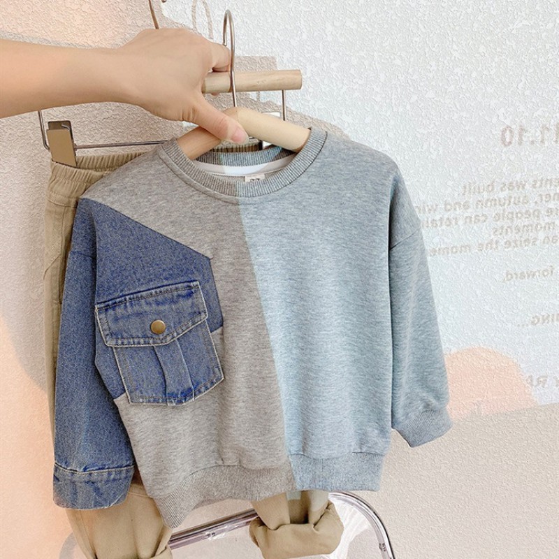 Boys' Denim Knitted Sleeve Loose Sweater