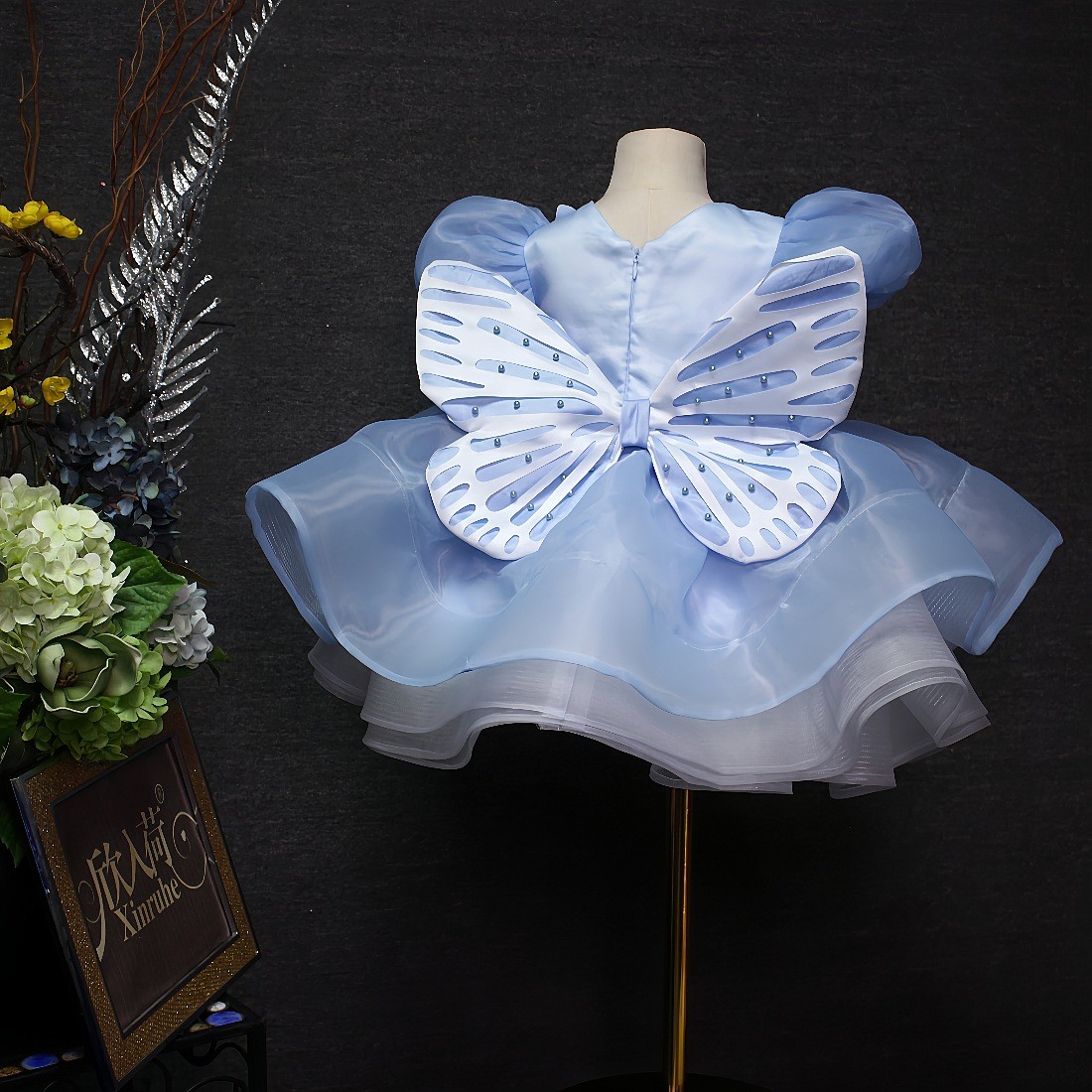 Blue For Children Short Butterfly Dress New Bubble Skirt