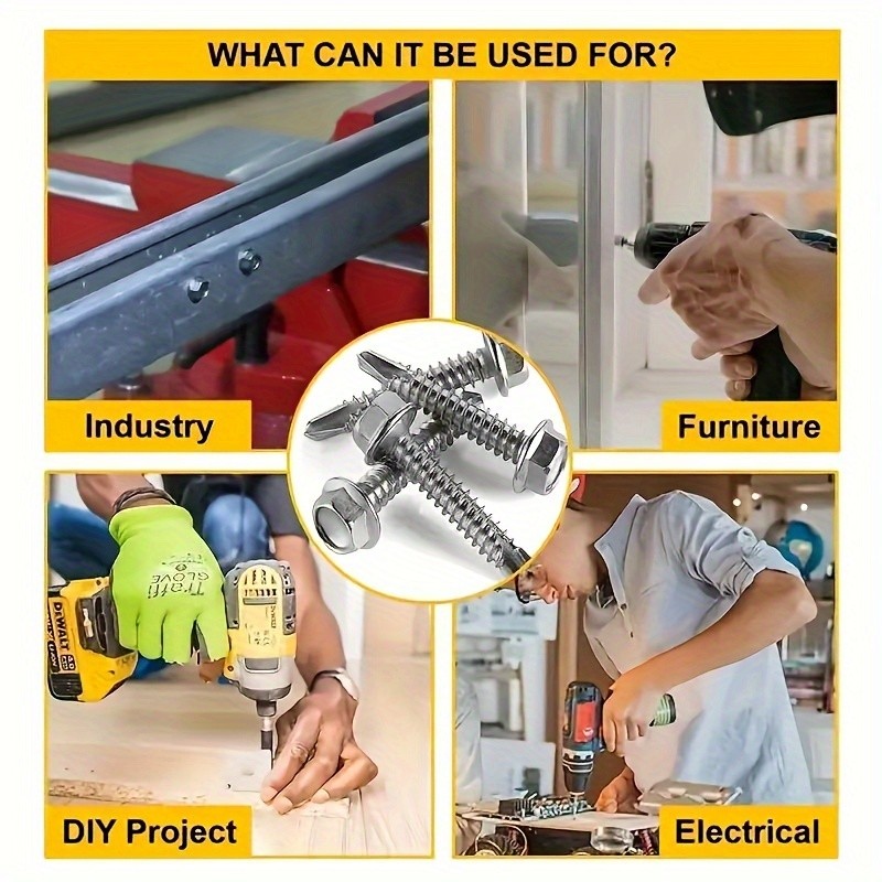 250pcs 410 Stainless Steel #8 Self-Tapping TEK Screws Assortment Kit  Hexagon Self-Drilling Screws for Metal, Furniture, Building & Repairing with Hex Washer Head, Includes Hex Nut Driver