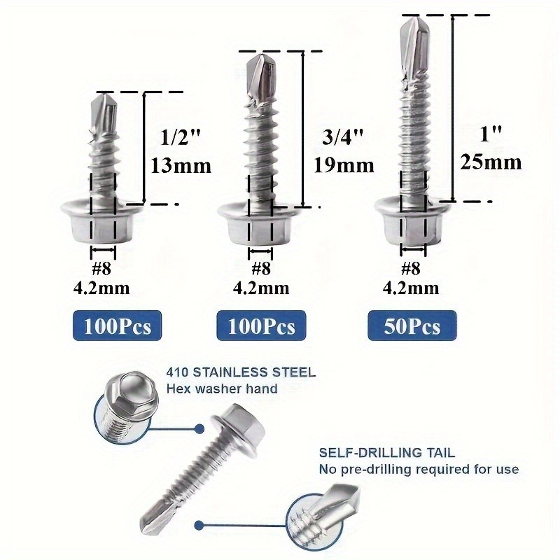 250pcs 410 Stainless Steel #8 Self-Tapping TEK Screws Assortment Kit  Hexagon Self-Drilling Screws for Metal, Furniture, Building & Repairing with Hex Washer Head, Includes Hex Nut Driver