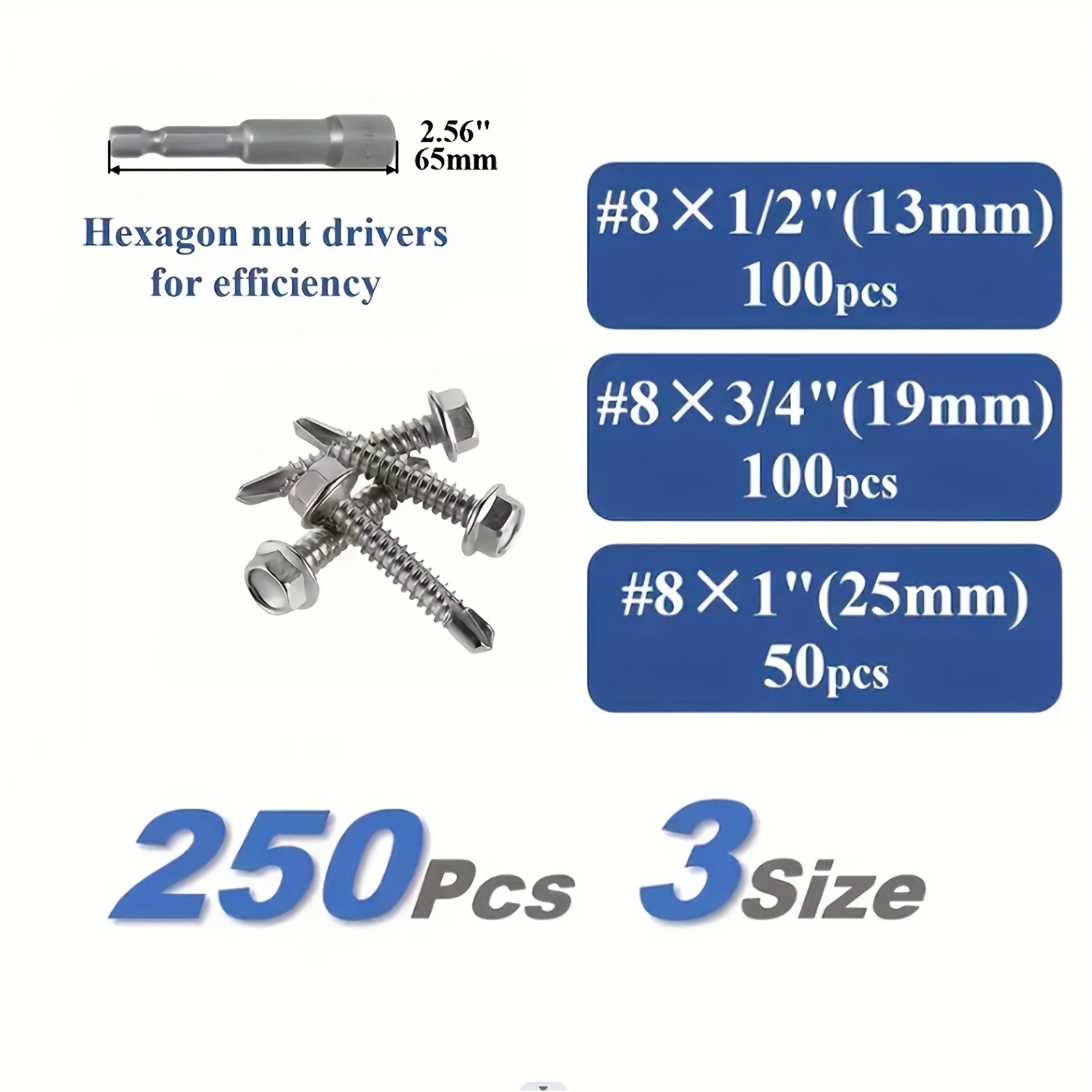 250pcs 410 Stainless Steel #8 Self-Tapping TEK Screws Assortment Kit  Hexagon Self-Drilling Screws for Metal, Furniture, Building & Repairing with Hex Washer Head, Includes Hex Nut Driver