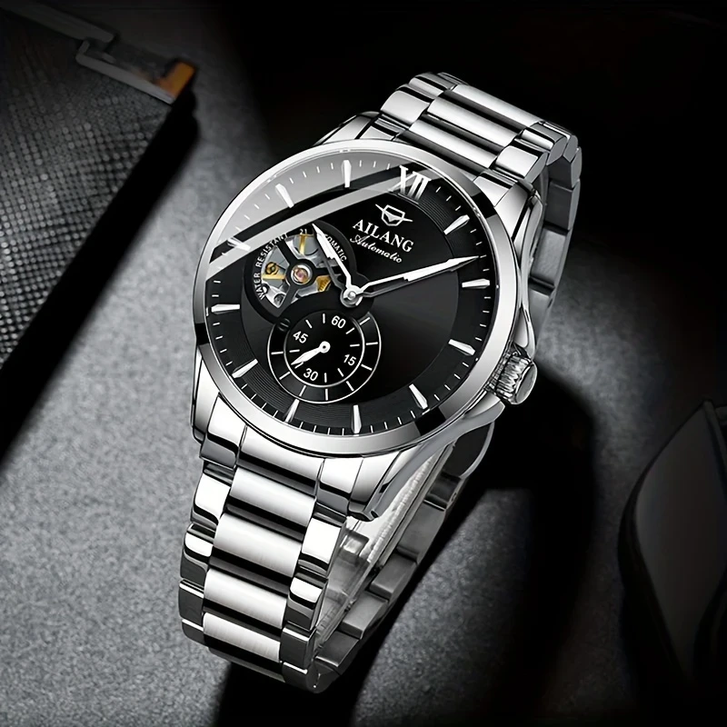 Elegant Automatic Chronograph Watch for Men Stainless Steel Bracelet, Skeleton Dial, Self-Winding Mechanism, Perfect for Business and Casual Wear