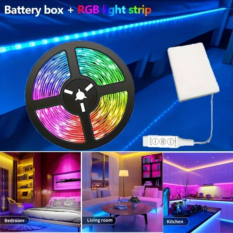 199.9/500.13 cm RGB Smart LED Strip  5V-3535 Indoor/Outdoor Strip with 3-Key Remote Control, Battery Box (No Battery Included), Perfect for Bedroom, Living Room, Party Decoration, Ideal Gift