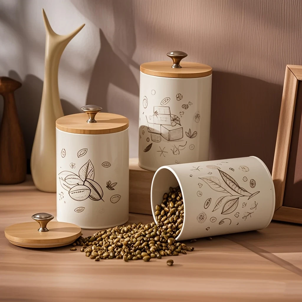 3pcs/Set Coffee, Sugar, Tea Storage Jar with Bamboo Lid Airtight Round Containers for Kitchen Countertops