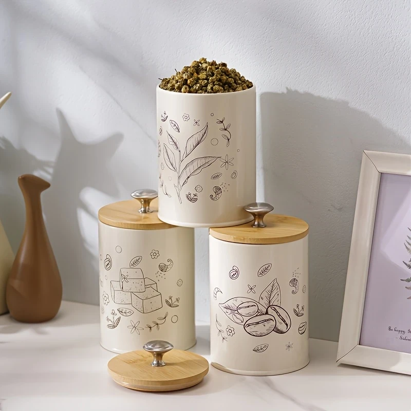 3pcs/Set Coffee, Sugar, Tea Storage Jar with Bamboo Lid Airtight Round Containers for Kitchen Countertops