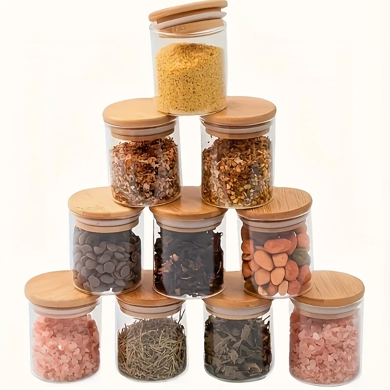 1SET-12-6-4pcs Glass Storage Jars with Bamboo Lids  Airtight Food Containers for Tea, Coffee Beans, Sugar, Cookies, and More Product Overview