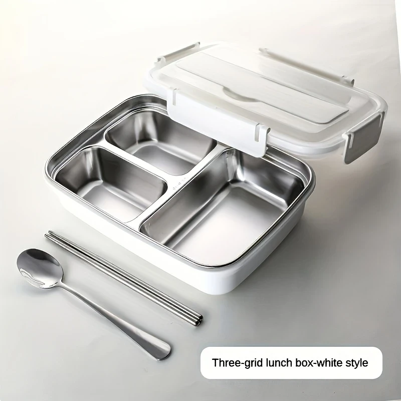 Leak-Proof Stainless Steel 3-Compartment Lunch Box  Durable, Easy-Clean Bento Container for Students & Office Workers, Microwave Safe