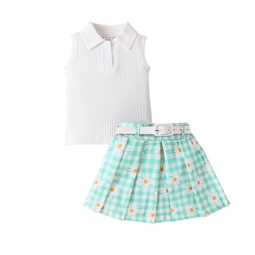 Girls' Suit Sleeveless Sunken Stripe Top With Daisy Plaid Skirt Belt Three-piece Suit