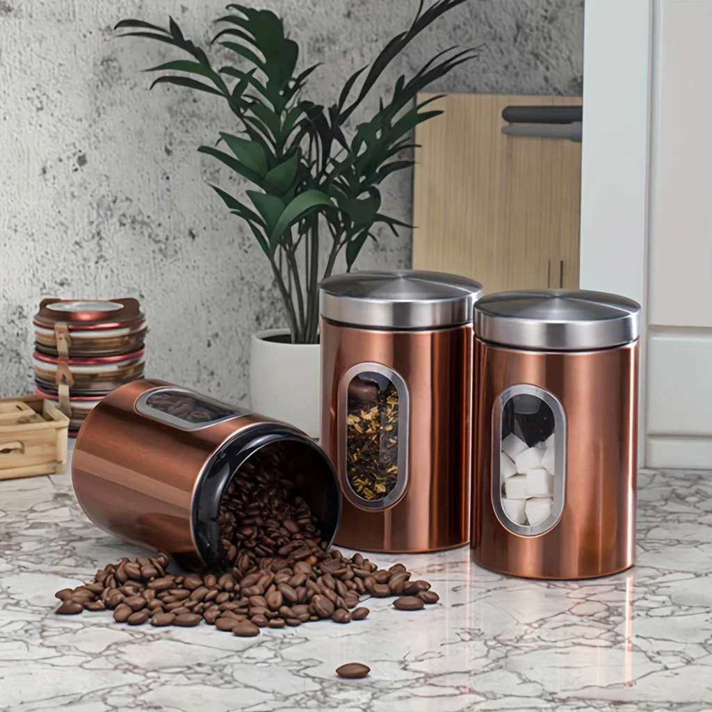 Set of Three Clear Copper Stainless Steel Airtight Containers with Visible Capacity Windows  The Perfect Storage Solution for Your Kitchen