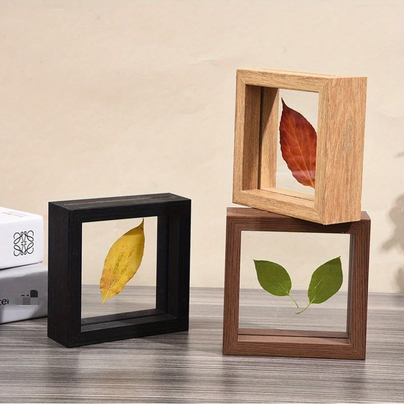 3pcs Wood Creative Double-Sided Glass Plant Specimen Photo Frame New Chinese Stereo Frame, Transparent Wood Photo Frame for Artistic Display