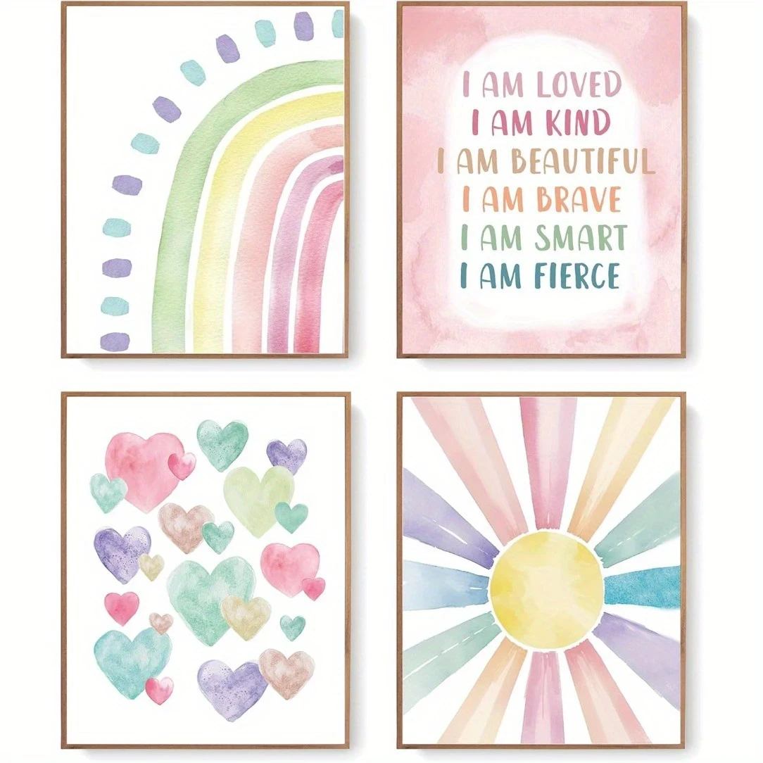 4pcs Pink Boho Sun & Rainbow Wall Art Set - Inspirational Posters for Nursery, Bedroom, and Classroom Decor