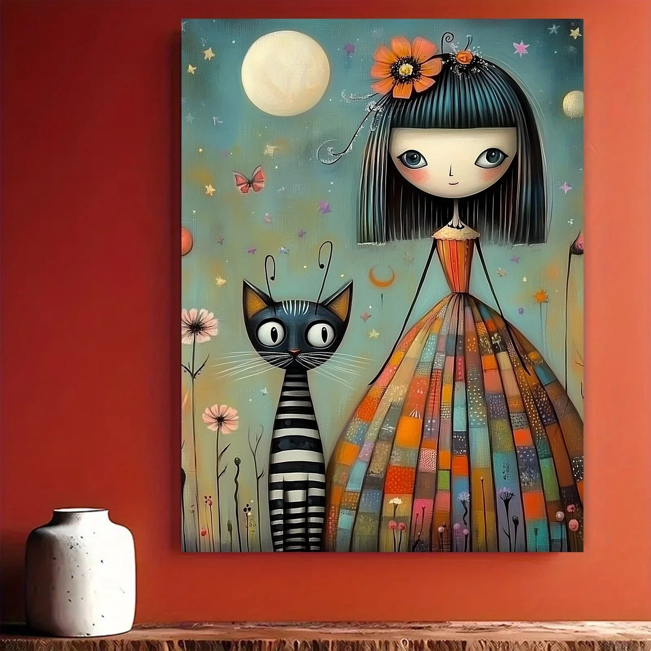1pc Framed Canvas Art: Whimsical Girl and Cat with Celestial Elements