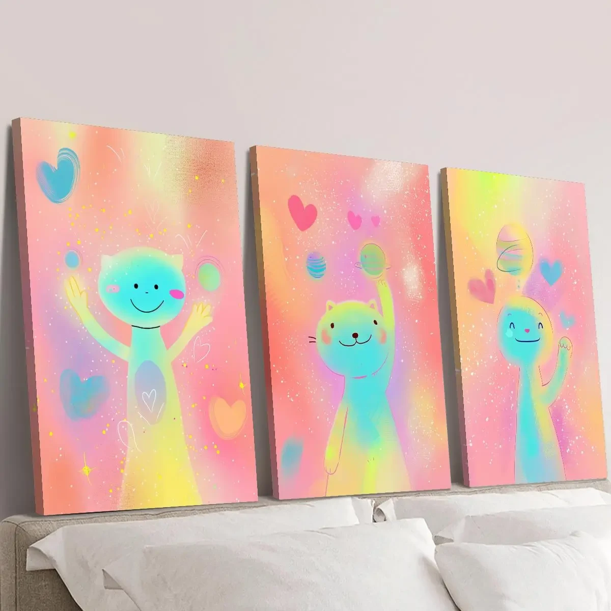 3pcs Wood Framed Canvas Print Art, Cartoon Cute Pink Spaceman