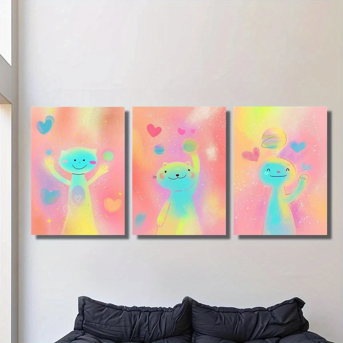 3pcs Wood Framed Canvas Print Art, Cartoon Cute Pink Spaceman