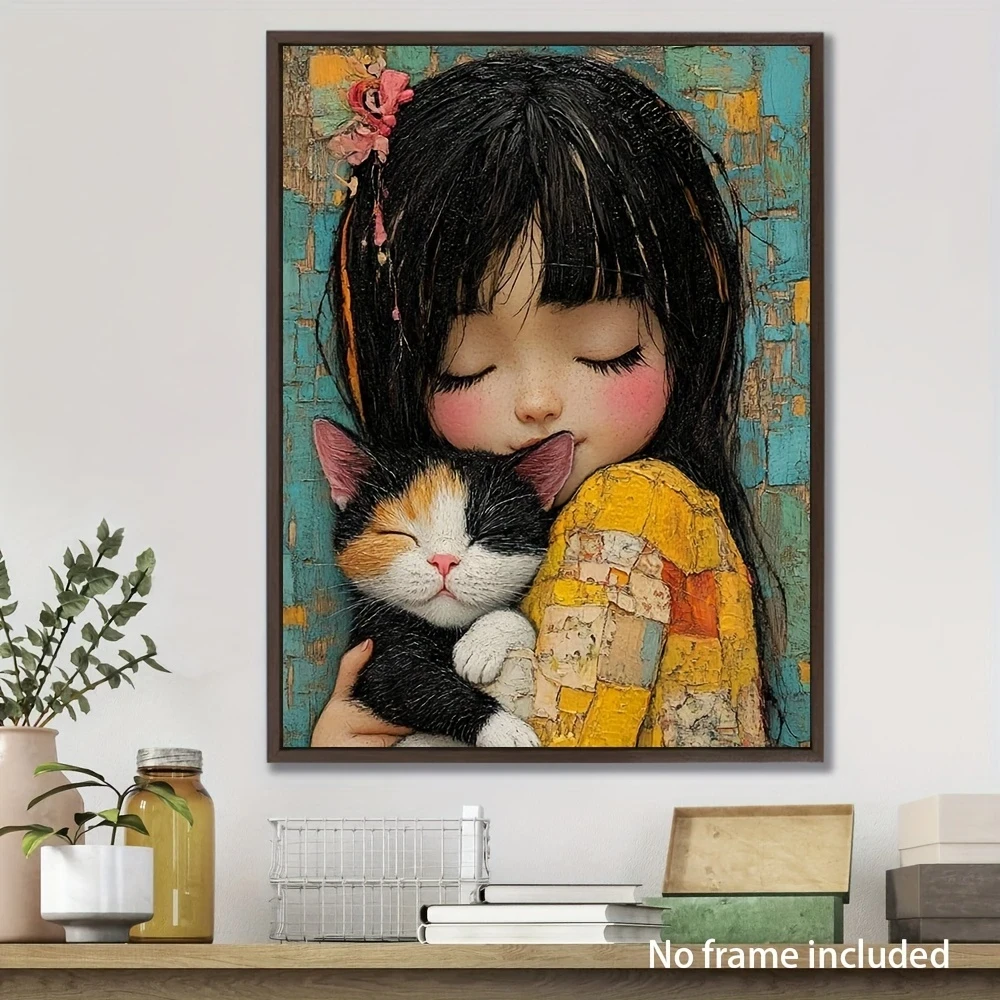 Hand-painted Girl Holding a Kitten Canvas Painting  Wall Art Decoration