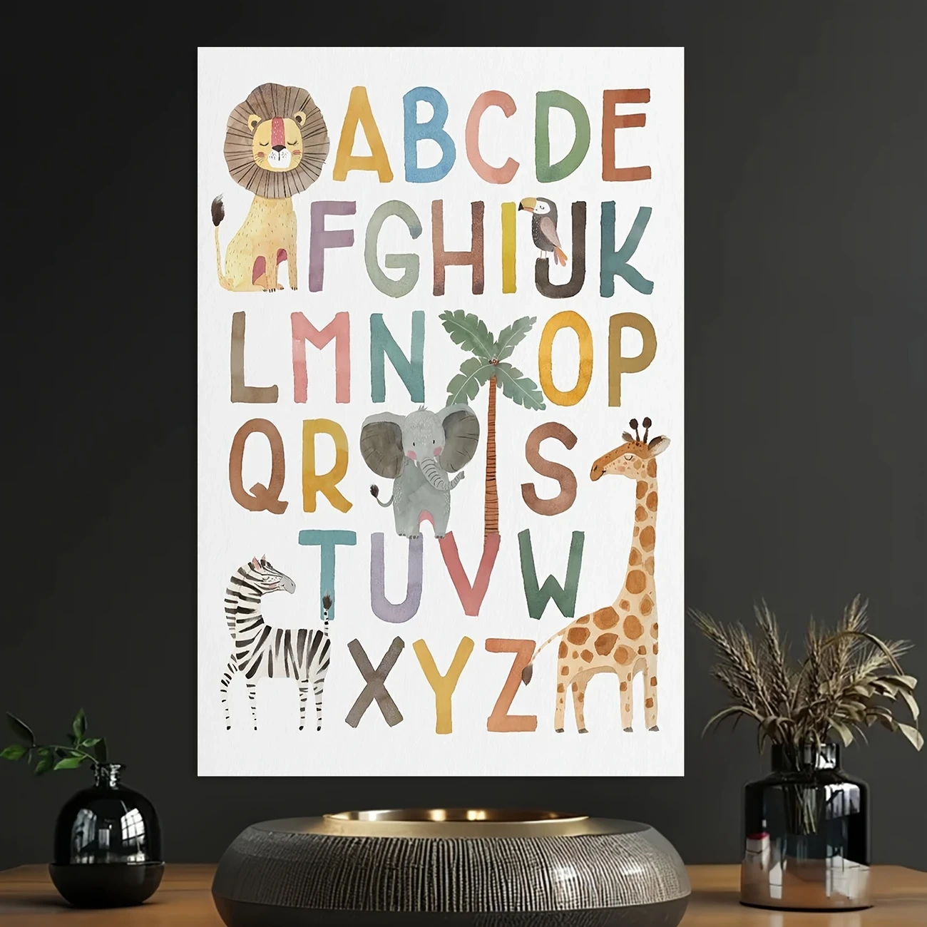 1pc Frameless Alphabet Animal Wall Art Canvas  Vibrant ABC Zodiac Design