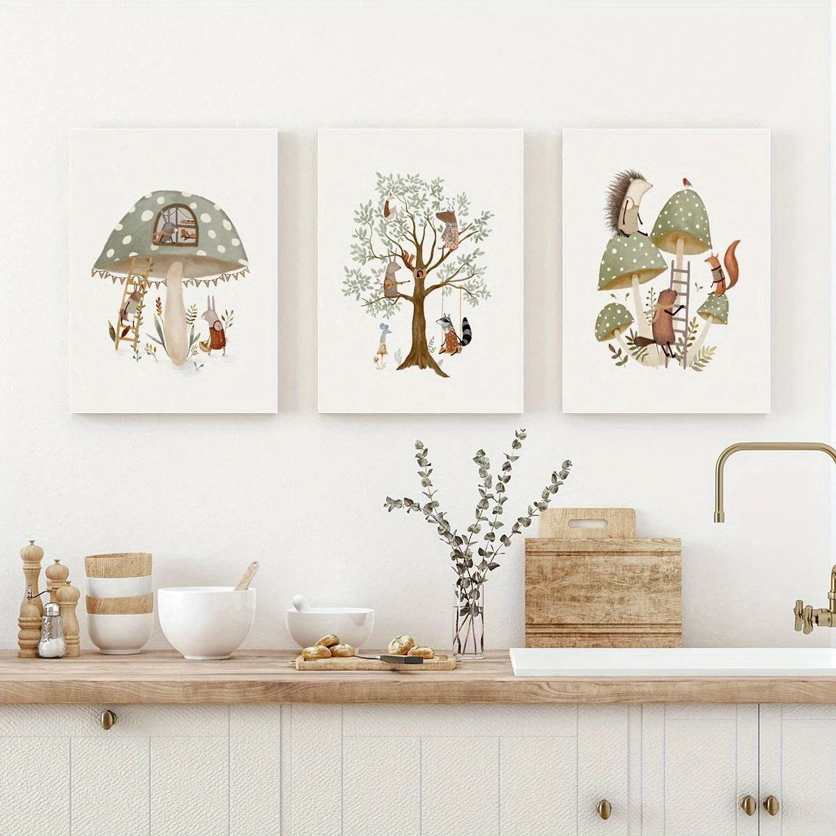 3pcs Wooden Framed Whimsical Art Prints  Woodland Animal Murals