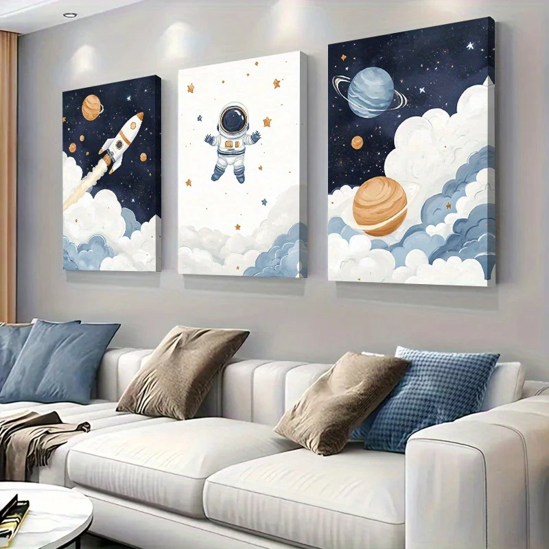 3pcs Space Adventure Wall Art Cute Astronaut & Rocket in Outer Space Canvas Prints