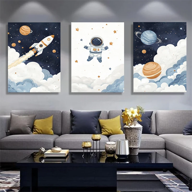 3pcs Space Adventure Wall Art  Cute Astronaut & Rocket in Outer Space Canvas Prints