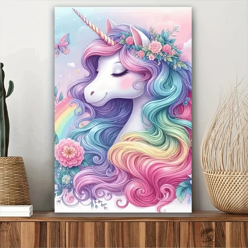 1pc One Piece Unicorn Canvas Wall Art Vibrant Rainbow Mane & Pastel Floral Design