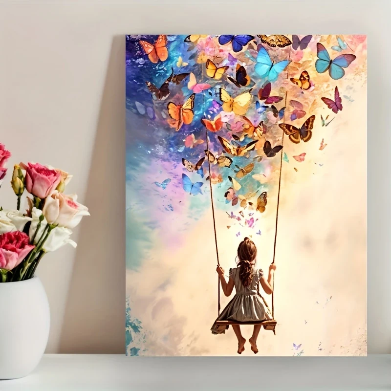 Dreamy Girl on a Swing Surrounded by Colorful Butterflies Frameless Canvas Wall Art