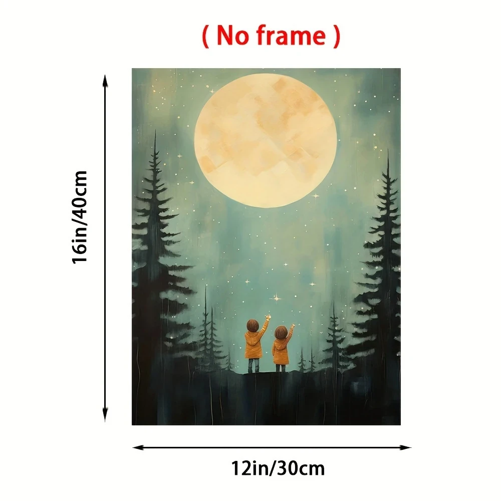 Starry Night Adventure 30.48X40.64cm Frameless Canvas Art  Siblings & Forest Stars Print
