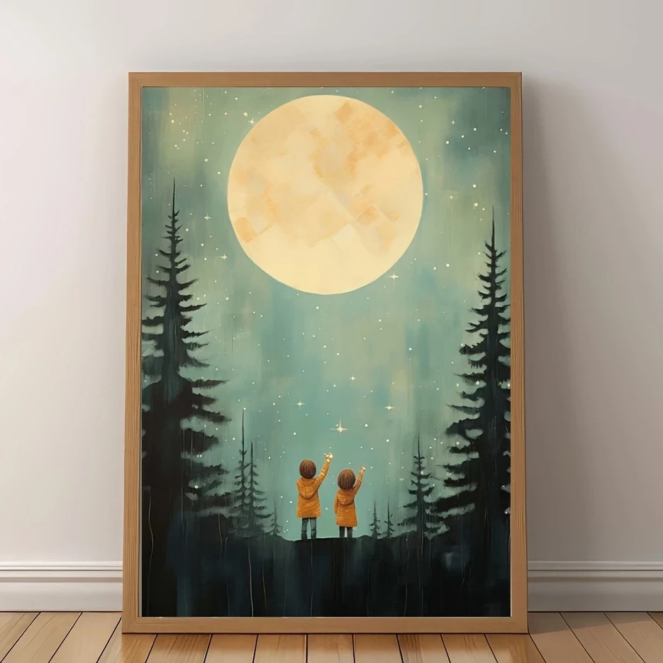 Starry Night Adventure 30.48X40.64cm Frameless Canvas Art  Siblings & Forest Stars Print
