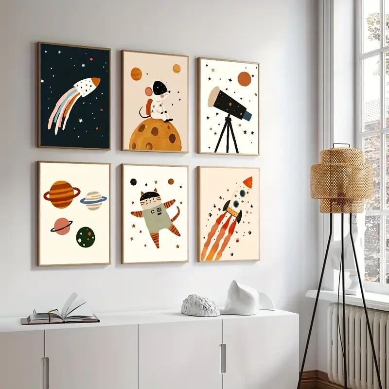 Set of 6 Unframed Outer Space Adventure Nursery Canvas Poster Print Inspiring Space-Themed Wall Art for Youngsters Rooms