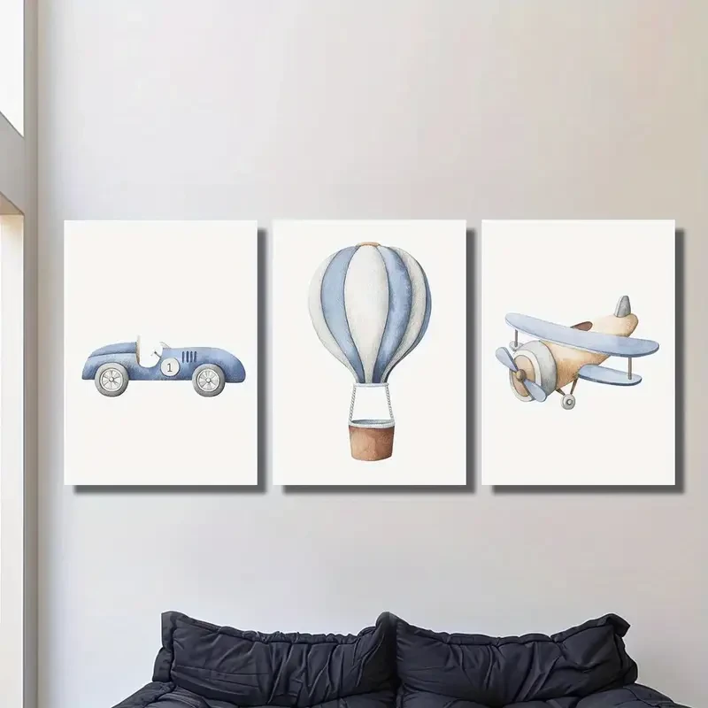 3pcs Wood Framed Canvas Print Art  Cute Watercolor Vehicles and Airplanes Art for Kids Rooms