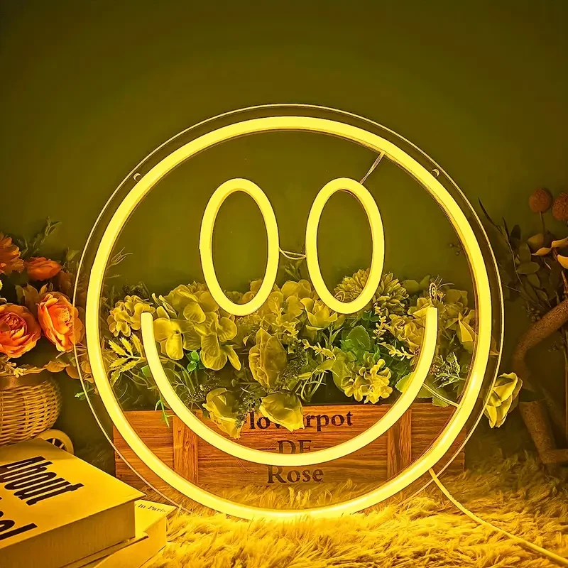 Yellow Smile Face Neon Sign  LED Neon Light Wall Decor for Kids Rooms, Bedrooms, and Parties
