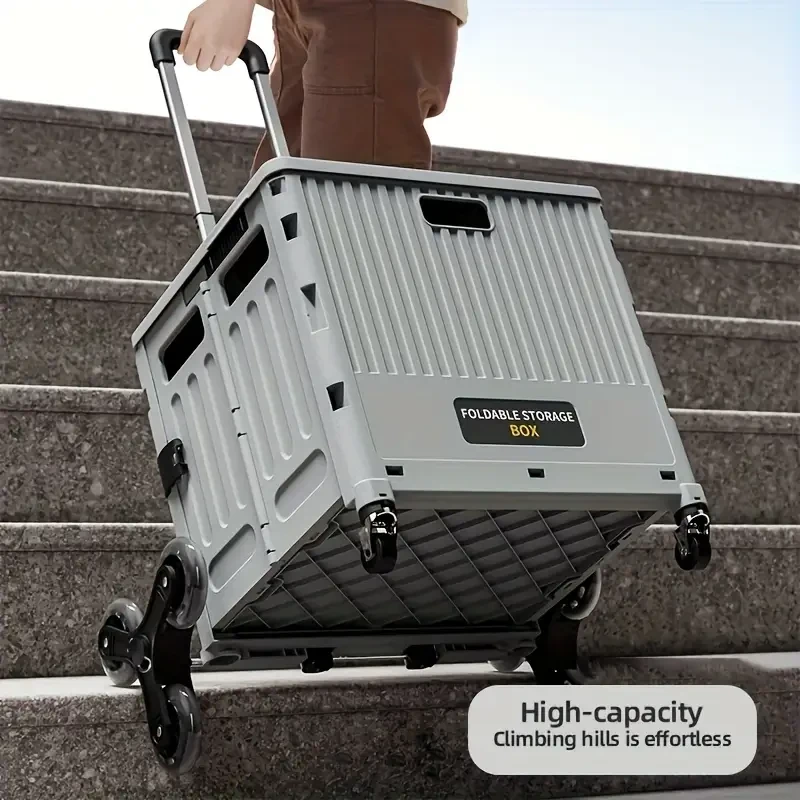 Foldable Grey Outdoor Storage Box with Multi-Wheel and Adjustable Handle High-Capacity, Waterproof, Lightweight, and Portable Storage Solution for Gardens and Patios