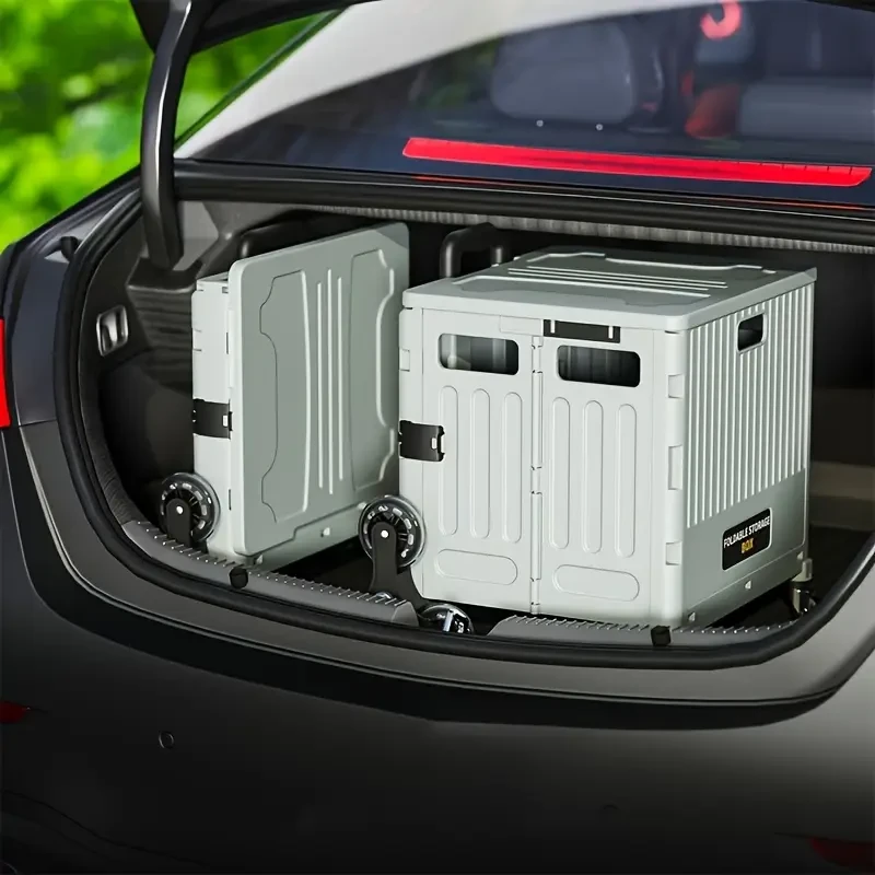 Foldable Grey Outdoor Storage Box with Multi-Wheel and Adjustable Handle High-Capacity, Waterproof, Lightweight, and Portable Storage Solution for Gardens and Patios