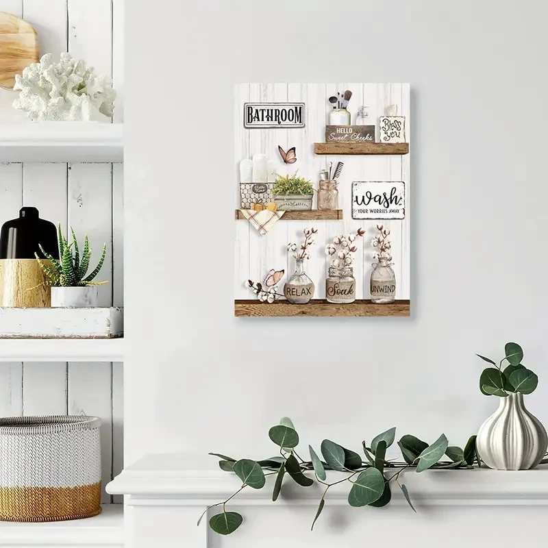 1pc Wooden Framed Farmhouse Bathroom Decor Wall Art  Rustic Flower and Butterfly Canvas Print for Country Bathroom, "Soak, Relax, Unwind" Bathroom Wall Art, Framed and Ready to Hang  11.8"x15.7"