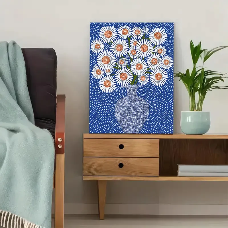 1pc Framed Daisies Blue Vase Floral Wall Art Canvas Print White Polka Dot Background, Modern Gallery Artwork for Home, Bedroom, Bathroom, Living Room Decor Wooden Frame, Perfect for Room Decor