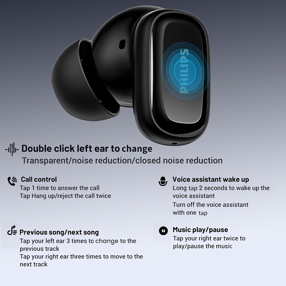 Philips BT5.4 In-Ear Earphones with Wireless Charging Case  24-Hour Playtime, Game Modes, Built-in Mic, Touch Control