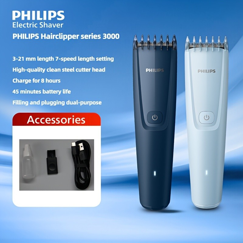 7-Speed Hairclipper Series 3000: Precision Steel Blade Head, PowerDrive System, Type-C Charging Cable