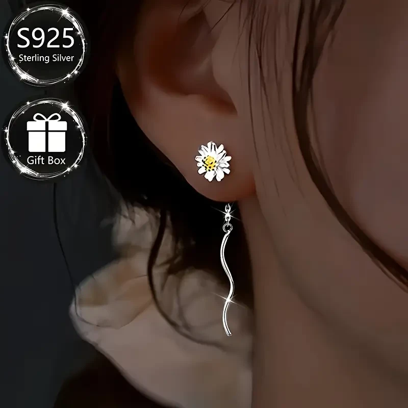 1 Pair of S925 Sterling Silver Fashion Womens Dangling Earrings Elegant Daisy Line Tassel Design for Everyday and Special Occasions
