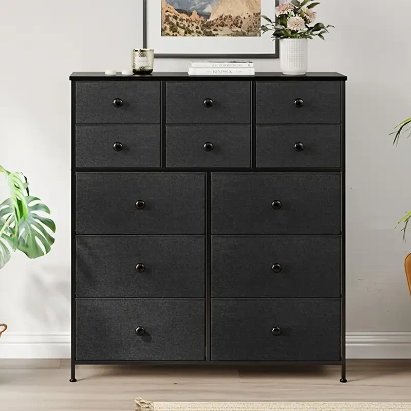 1pc Dressing Table with 12 Fabric Drawers Large-Capacity Drawer Cabinet, Wooden Top, Steel Frame Storage Organizer for Bedroom, Closet, Hallway, and Living Room (Black)