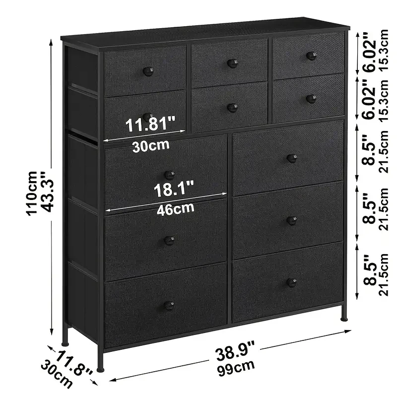 1pc Dressing Table with 12 Fabric Drawers  Large-Capacity Drawer Cabinet, Wooden Top, Steel Frame Storage Organizer for Bedroom, Closet, Hallway, and Living Room (Black)