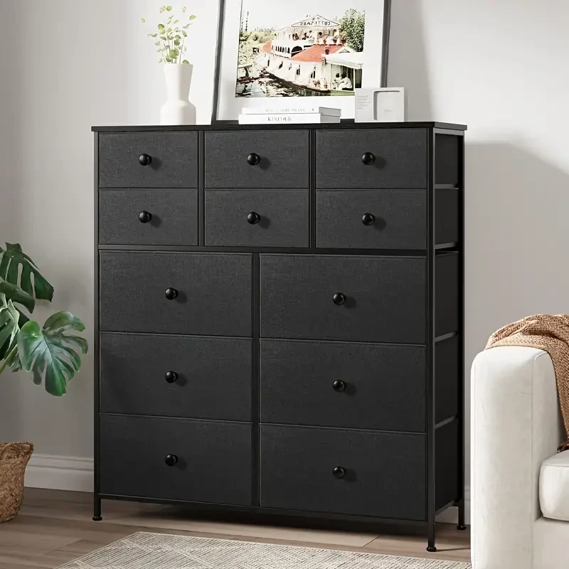 1pc Dressing Table with 12 Fabric Drawers Large-Capacity Drawer Cabinet, Wooden Top, Steel Frame Storage Organizer for Bedroom, Closet, Hallway, and Living Room (Black)