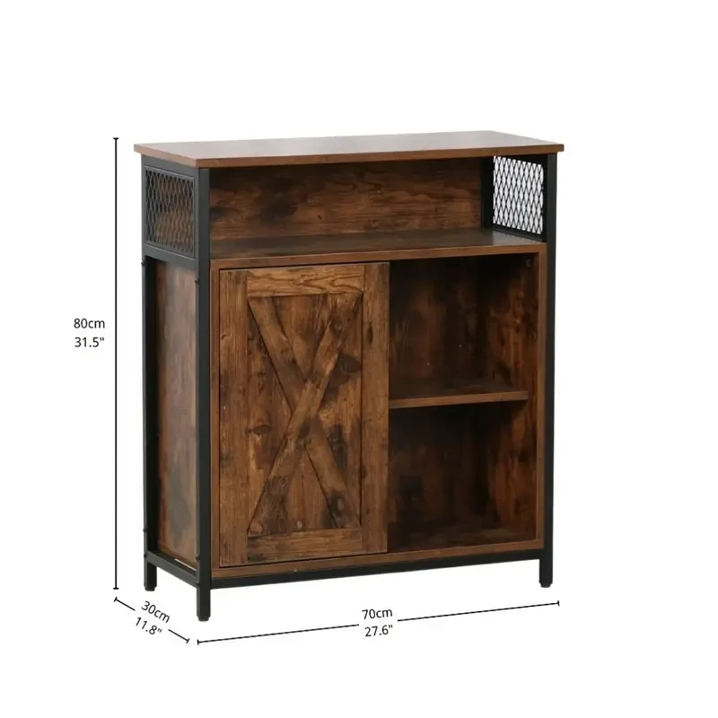 Industrial Sideboard Buffet Cabinet with Open Compartment and 5 Shelves  Rustic Brown Finish with Stable Metal Frame, Half-Door Design, Perfect for Living Room and Home Storage