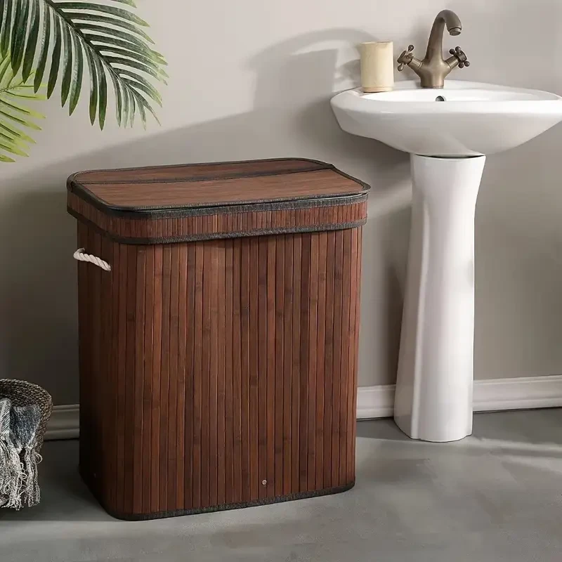 Natural Bamboo Laundry Hamper with Lid  72L Capacity, Foldable & Removable Lining, Sturdy Wooden Lid, Contemporary Rectangular Design for Laundry Room Organization