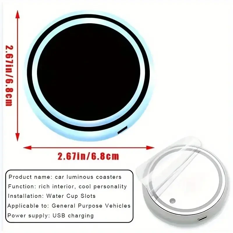 LED Car Cup Holder Lights - 7 Color Variations, USB Charging Pads & Coasters