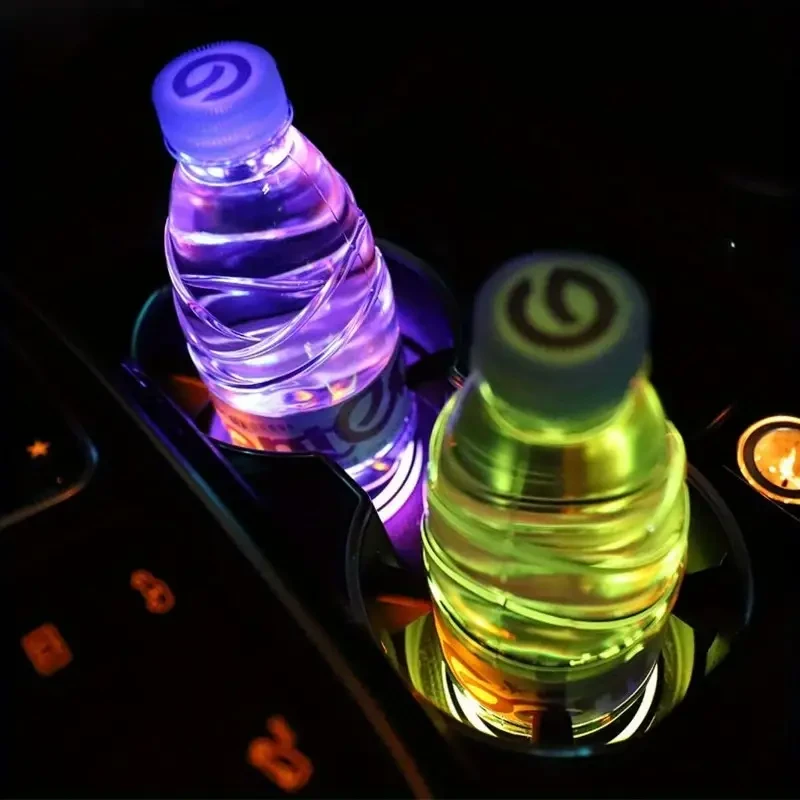 LED Car Cup Holder Lights - 7 Color Variations, USB Charging Pads & Coasters