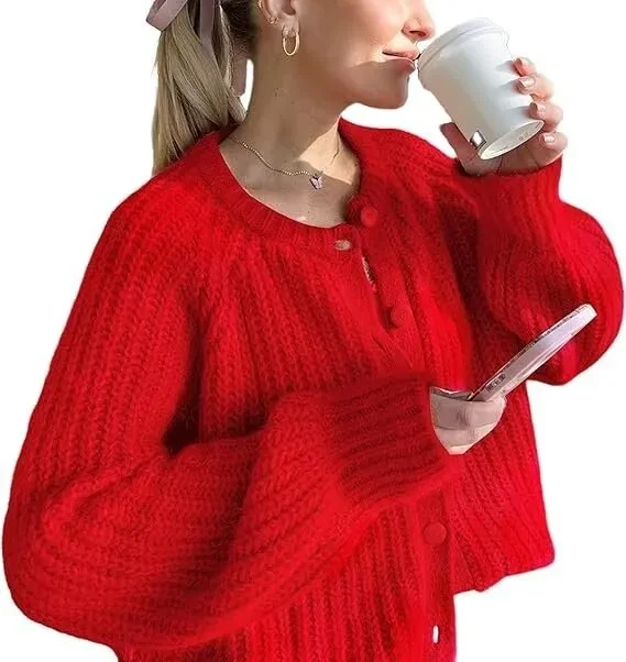 Women's Puff Sleeve Knitted Cardigan Sweater